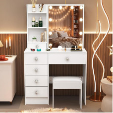 Aovquof Dressing Table with LED Lighting, Dressing Table with Mirror for Make-up, Cosmetic Table with Mirror, 3 Colours with Adjustable Brightness, White (M39)