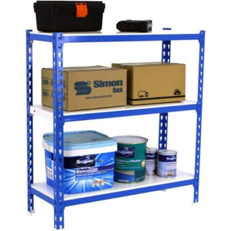 Simonrack Simonclick Sunkiasvorių lentynų blokas 90 x 110 x 30 cm Metalinės lentynos Rūsio lentynos Lenkimo taškas 200 kg 3 lentynos Mėlyna/balta