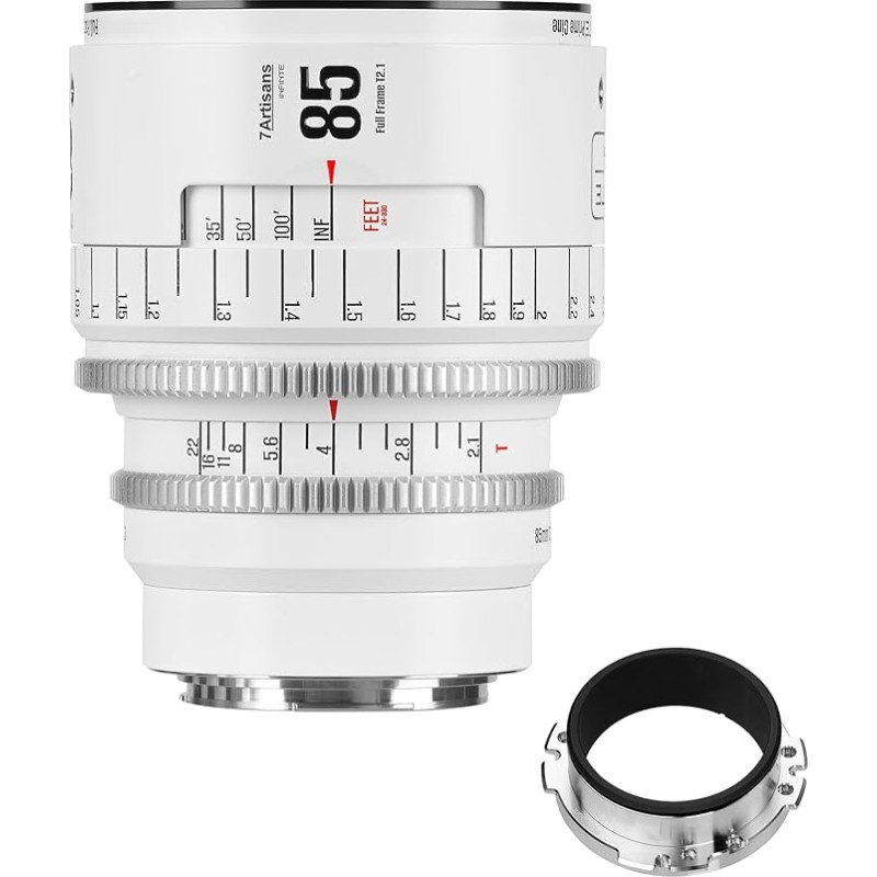 7artisans 85mm T2.1 Infinte serijos profesionalus rankinis viso kadro kino objektyvas, suderinamas su EF bajonetu, skirtas fotografijai ir filmų gamybai, baltos spalvos