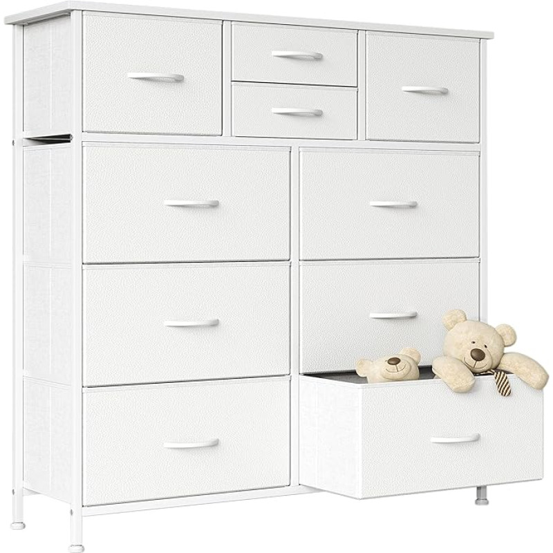 Miegamojo komoda, aukštas saugojimo bokštas su 10 medžiaginių stalčių, tvirtas metalinis rėmas, organizatorius svetainei, prieškambariui, spintai, 100 x 30 x 98 cm, baltas