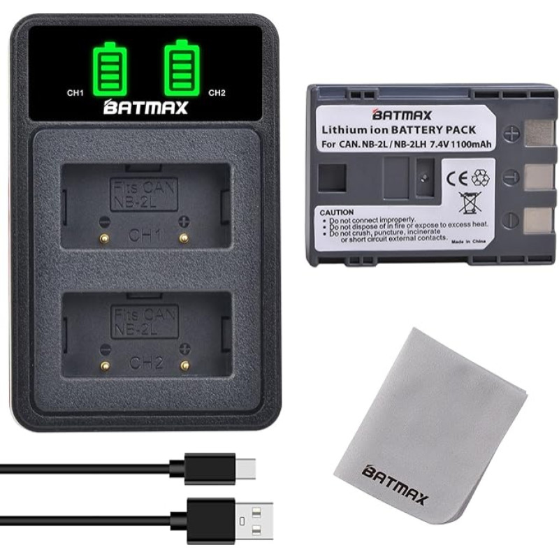 Batmax NB-2L baterijos ir įkroviklio rinkinys, skirtas Canon NB-2L NB-2LH HF R10, PowerShot G7 G9 S30 S40 S45 S50 S60 S70 S80 EOS 350D 400D HV30 HV40 DC300 HG10 IXDVY MY D 3 DDV5 5 DV3 FV M20 M30 M100 M200