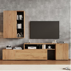 TV Wohnwand-set mit Vitrine (Komplett-Set, 2-St),Mediawand inkl.TV-Board -set und Standregal,TV Wohnzimmermöbel-Set,flexible Länge TV-Schrank bis 265 cm,stehend&hängend,TV bis 120',Holzfarbe+Schwarz