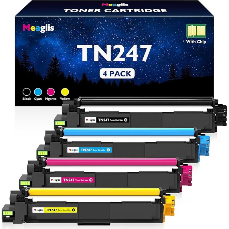 Meagiis TN247 TN243 TN247CMYK TN 247 suderinamas toneris Brother TN247CMYK TN 247 Toneris Brother MFC L3750CDW MFC-L3760CDW DCP-L3550CDW HL-L3210CW HL-L3230CDW MFC-L3730CW (1 juodas, 1 žydras, 1 purpurinis, 1 geltonas)