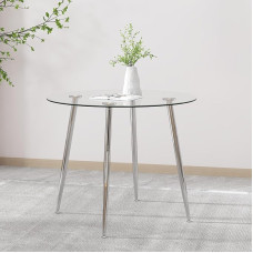 GOLDFAN Stiklo valgomojo stalas Virtuvės stalas Stiklo modernaus stiliaus apvalus stalas gyvenamajam kambariui, biurui, virtuvei, sidabrinis 80 cm