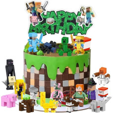 Pack of 18 Pixe Figures Cake Decoration, Pixel Cake Decoration Boys, Mini Figurines Cake Toppers, Cartoon Mini Cake Figures, Happy Birthday Topper for Boys Birthday Party Cake Decoration Supplies