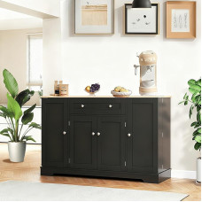 phosir Küchenbuffet mit Vitrine & Schubladen - Modernes Sideboard mit höhenverstellbaren Böden und Kippschutz, 138 cm, Schwarz