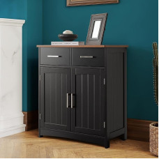 VANIRROR Moderni balta bufeto spintelė 66x76cm 2 durys 2 stalčiai Reguliuojamos lentynos Anti Fall stalčiai Juoda ir ąžuolo spalvos