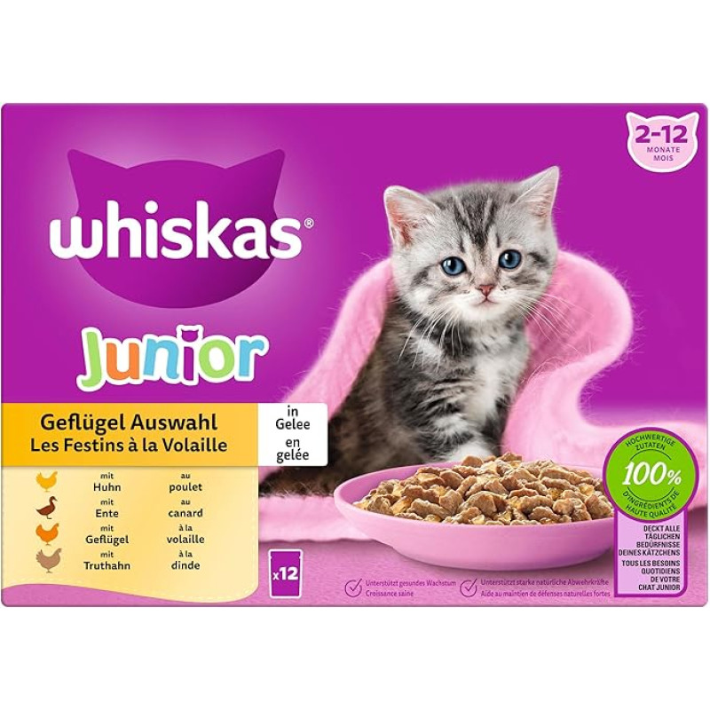 WHISKAS Junior drėgno maisto porcijinis maišelis, paukštienos pasirinkimas su želė, 12 x 85 g