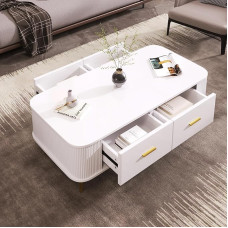 Goeria Coffee Table with Drawers, Curved Corners, Living Room Table with Scalloped Sides, Side Table, Gold Handles and Legs