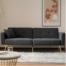 Sofa-lova su lovos funkcija, 2 sėdimų vietų sofa, reguliuojamu kampu, auksinėmis kojomis, su pagalvėlėmis ir šoninėmis kišenėmis (tamsiai pilka)