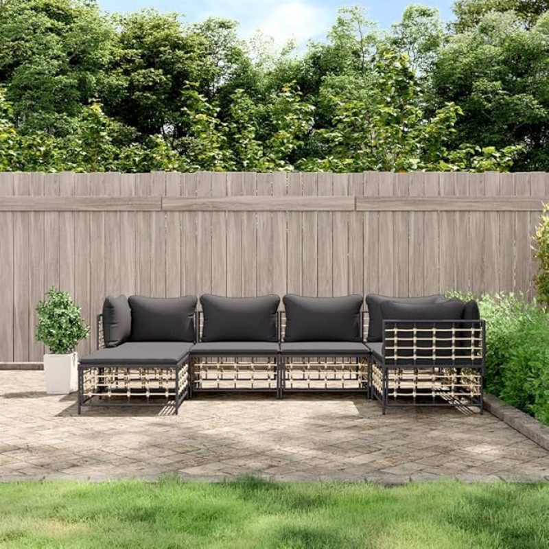 WHOPBXGAD Svetainės baldų komplektai, svetainės sofų komplektai, sofa lova, 6-TLG. Garten-Lounge-Set mit Kissen Anthrazit Poly Rattanmodular Sofa,Modular Couch,Outdoor Patio Furniture,