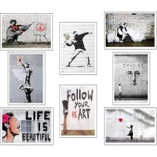 8 medinių paveikslų rinkinys Šiuolaikinis gyvenamasis kambarys Miegamasis kambarys Banksy su metaliniais pakabukais (38 x 29 cm vienam paveikslui)
