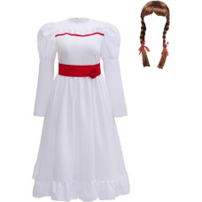 Lito Angels Costume Annabelle Bambola Diabolica Vestito Bianco con Cintura Rossa e Parrucca per Bambina Halloween Carnival Festa Scolastica Settimana del Libro Eta 5-11 Anni