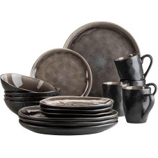 MÄSER Niara Organic 934073 serijos modernių, įdomios senovinės išvaizdos, 16 dalių indų rinkinys 4 asmenims su specialiu juodos ir rudos spalvos glazūros deriniu, akmens masės indai