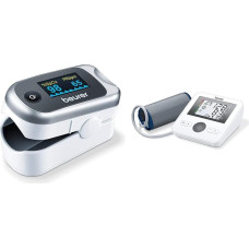 Beurer PO 40 pulsoksimetras, deguonies prisotinimas (SpO₂), širdies ritmas (pulsas) ir perfuzijos indeksas (PI), pilkas ir BM 27 viršutinės rankos kraujospūdžio matuoklis, skirtas viršutinės rankos apimčiai 22-42 cm