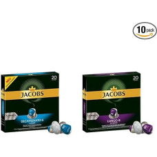 Jacobs Coffee Capsules Lungo Decaffeinato Intensity 6, Pack of 10, 10 x 20 Drinks & Coffee Capsules Lungo Intenso, Intensity 8 of 12, 200 Nespresso®* Compatible Capsules, 10 x 20 Drinks