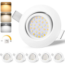 LED Recessed Spotlight 230 V IP44, 6 W Dimmable Ceiling Spotlights, Recessed Lights 65-75 mm Installation Diameter, 45° Swivelling 3000 K/4000 K/6500 K Flat Recessed Spotlights, 3CCT