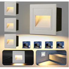 Set of 4 Stair Lighting 3 W 300 lm, LED Stair Lighting 230 V 3000 K, 85 x 85 mm, IP65 Recessed Wall Light, Stair Light Lighting for Stairs Wall, Flush-Mounted Boxes 68 mm, Aluminium White