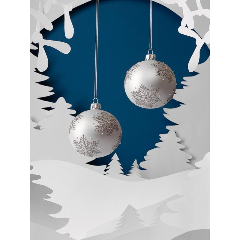 2 Glass Christmas Baubles with Glitter Snowflake Pattern