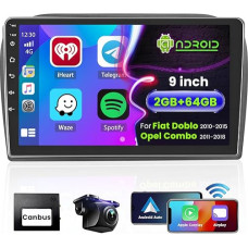 Hikity [2G + 64G] Android 13 Car Radio with Wireless Carplay Android Car for Fiat Doblo 2010-2015 Opel Combo 2011-2018 9 Inch Car Radio with GPS Navigation Bluetooth WiFi RDS HI-FI FM 2USB SWC Rear