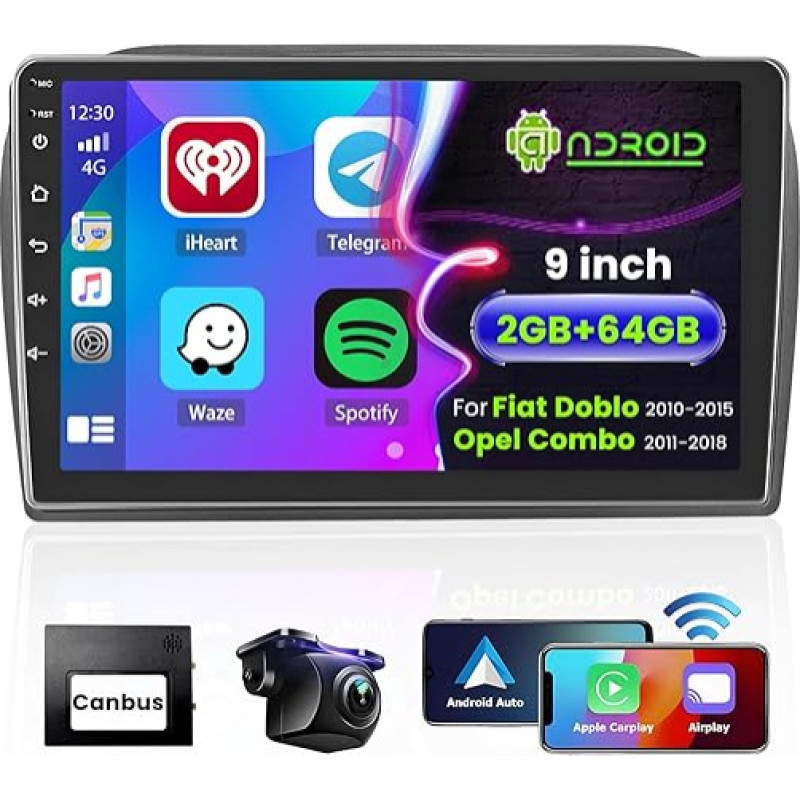 Hikity [2G + 64G] Android 13 Car Radio with Wireless Carplay Android Car for Fiat Doblo 2010-2015 Opel Combo 2011-2018 9 Inch Car Radio with GPS Navigation Bluetooth WiFi RDS HI-FI FM 2USB SWC Rear