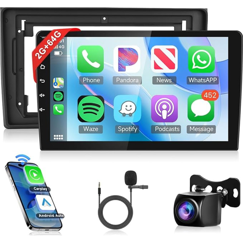 2G + 64G Wireless Carplay Android 13 Car Radio 2 DIN for Audi A4 S4 RS4 B6 B7 8E 2000-2009 with Android Car Navigation GPS WiFi 9 Inch Car Radio with Mirror Link Bluetooth FM/RDS/DAB/OBD/DVR/SWC Rear