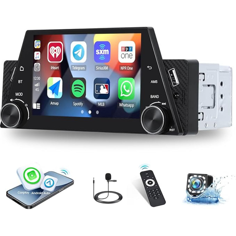 CAMECHO DIN 1 CarPlay Car Radio with 5 Inch Screen, Wireless A-pple CarPlay/Android Car/Mirror Link, 5 Inch Touch Display with Bluetooth FM Radio USB EQ, Support Steering Wheel Control + Reversing