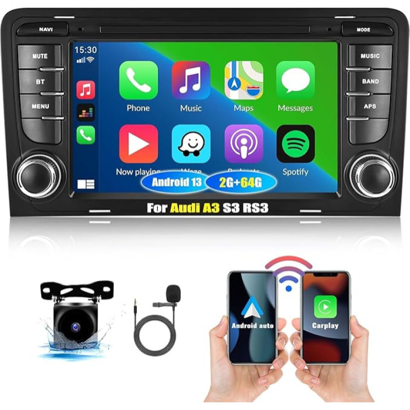 CAMECHO 2+64G Android 13 Car Radio with Navigation Wireless Carplay Android Car for Audi A3 S3 RS3 8P 8V 2003-2012, 7 Inch Screen Car Radio with Bluetooth WiFi FM/RDS Hi-Fi SWC MIC Rear View Camera