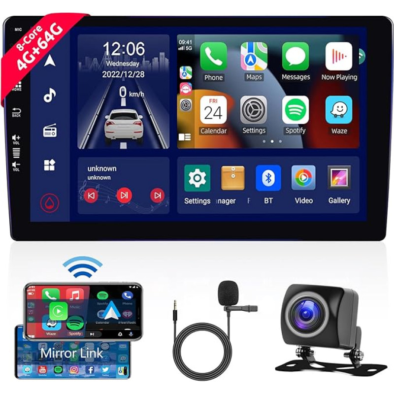 Car Radio 4GB 64GB 8-Core Android with Carplay Wireless Android Car, Mirror Link, Hodozzy 9 Inch IPS Touchscreen 2 DIN Radio with GPS Navigation Bluetooth 5.1, DSP FM/AM/RDS Radio WiFi 4G, Reversing