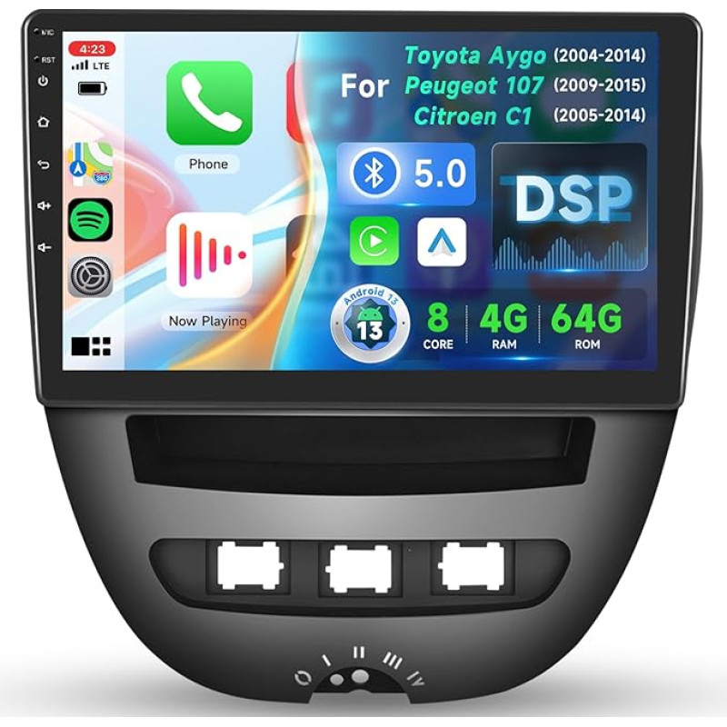 8 Core 4 + 64G: Hodozzy Carplay Car Radio for Toyota Aygo/Peugeot 107/Citroen C1 2005-2014, 10.1 Inch Touchscreen Android Car Radio with Android Car/WiFi/GPS/RDS/FM/Bluetooth/DSP