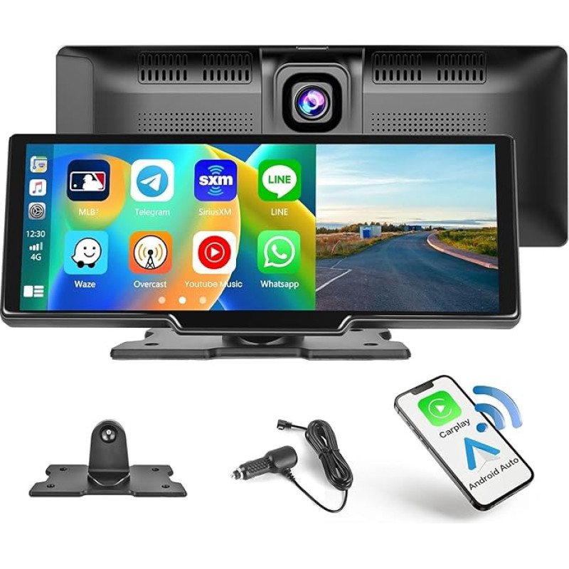 Hikity Wireless Carplay Android Car for Car Radio with Dash Cam, 9.3 Inch Touchscreen Portable Car Radio Receiver MP5 Player, Voice Control, FM Transmitter, AUX/Type-C/64G TF Card