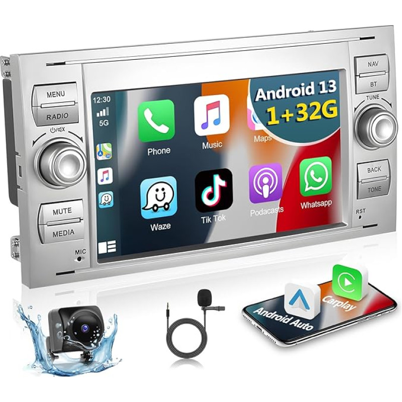 Podofo Android Car Radio for Ford Focus C-max S-max Galaxy Fusion Fiesta Mondeo Kuga Transit Connect with Wireless Carplay Android Car, 7 Inch Touchscreen Radio with Bluetooth, WiFi, GPS + Reversing