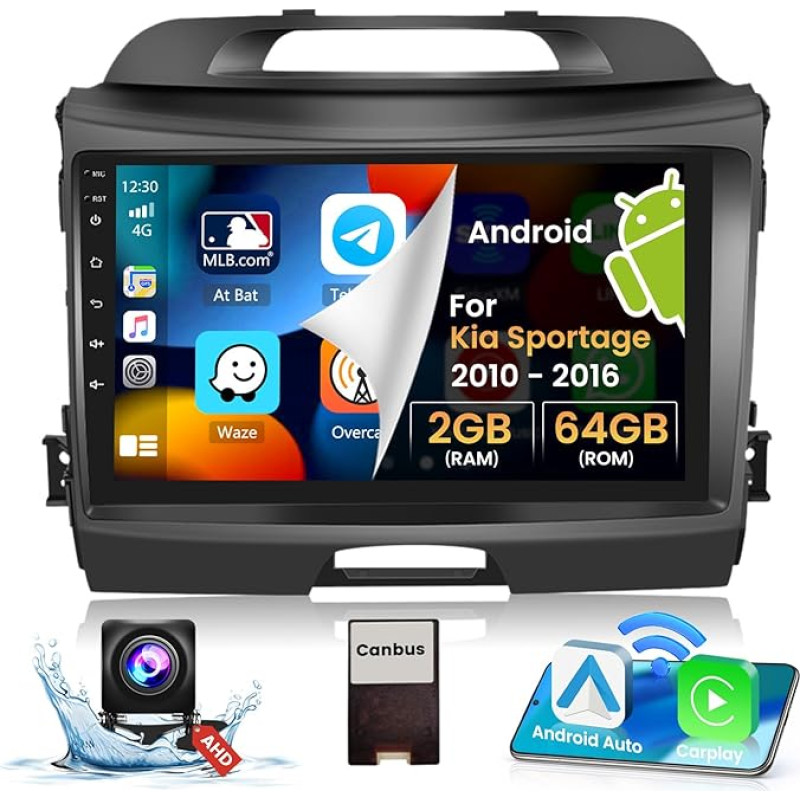 Hikity 2+64G Android 13 Car Radio for Kia Sportage 2010-2016 with Wireless Carplay and Android Car, 9 Inch Touchscreen Car Radio with Navigation Mirror Link SWC USB FM RDS MIC Reversing Camera