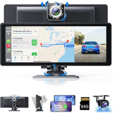 Portable Wireless Carplay and Android Car Screen, 10.26 Inch IPS Touch Screen with 4K Dash Cam and Rear View Camera, Support Bluetooth/Siri/Google/GPS/Mirror Link,64G TF Card Included