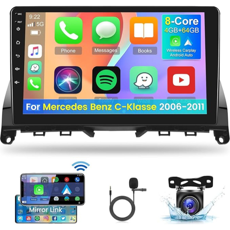 9 Inch 8 Core Android Car Radio for Mercedes Benz C-Class W204 S204 2006-2011 with Carplay and Android Car - 4+64G Radio WiFi GPS DSP Mirror Link Voice Assitant + Reversing Camera & Mic