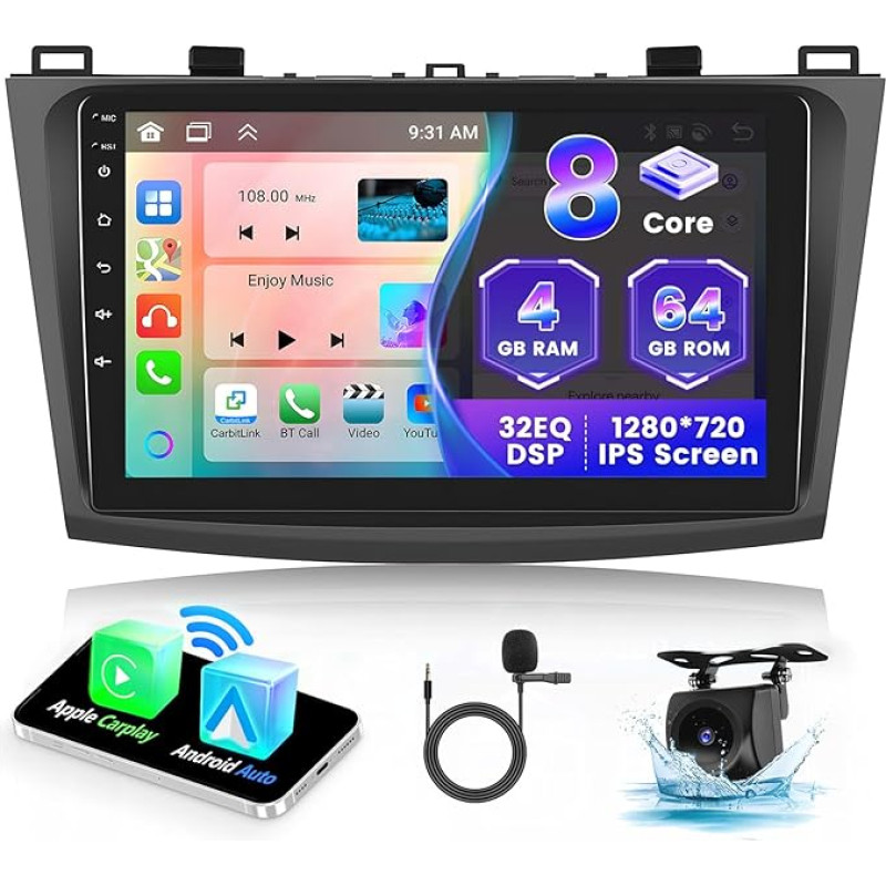 [2024 Upgrade 8 Core 4G+64G] Hikity 9 Inch Android 13 Dashboard Radio Kit for Mazda 3 2009-2013 Car Radio with CarPlay Android Car Wireless WiFi GPS BT5.0 59UI 32DSP RDS Mic Rear View Camera