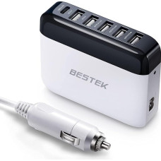 BESTEK USB-C PD Car Charger, USB Charger 6-Way Charging Station 86 W with 1.5 m Extension Cable and Cigarette Lighter Plug, Power Supplies for Mobile Phones, Tablets, MP3 etc., White