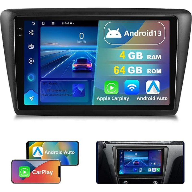 Dvrmedia Android 13 for Skoda Rapid 2013-2019 4GB + 64GB 9 Inch Car Radio with Bluetooth Radio Wireless CarPlay Android Car Radio 2DIN with GPS FM WiFi DSP