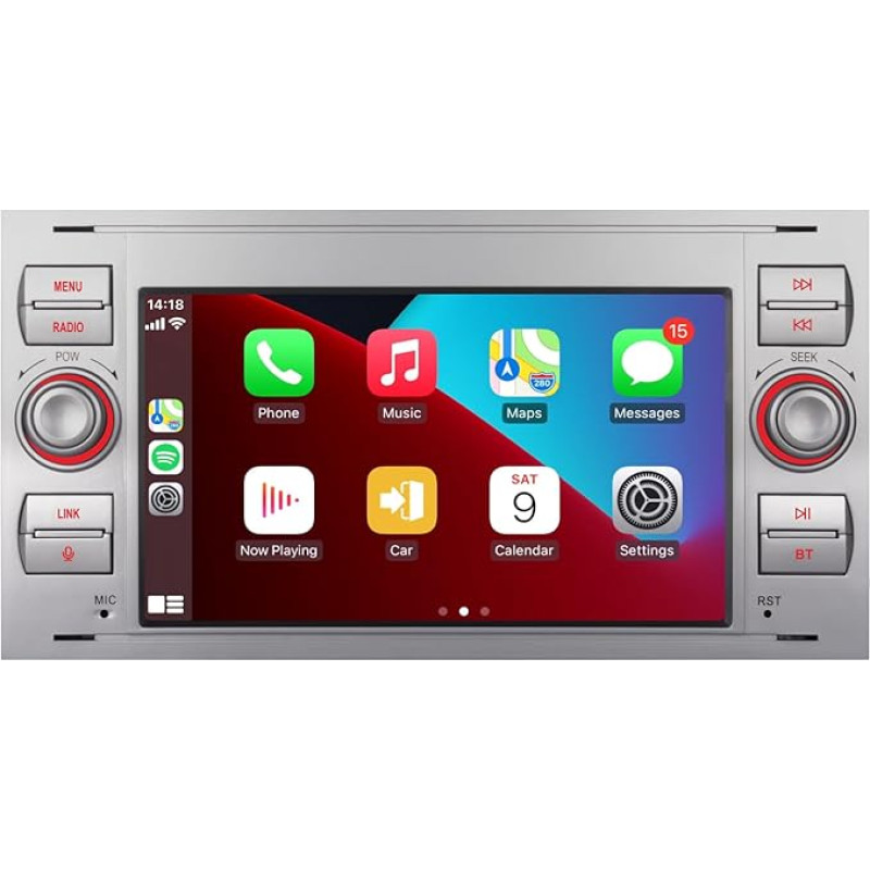 Car Radio Compatible with Wireless Carplay/Android Car for Ford Focus Fiesta Transit Fusion Mondeo Kuga C-Max S-Max with IPS Touch Screen/Bluetooth/Mirror Link/FM/AM/USB, Colour Silver