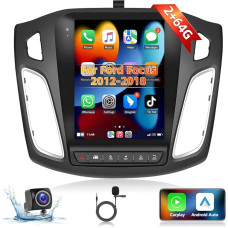 Podofo 2+64G Car Radio for Ford Focus 2012-2018 with Wireless Apple Carplay, 9.7 Inch Android 13 Car Radio with Vertical Screen, Bluetooth, Android Car, WiFi, GPS + Reversing Camera & Microphone