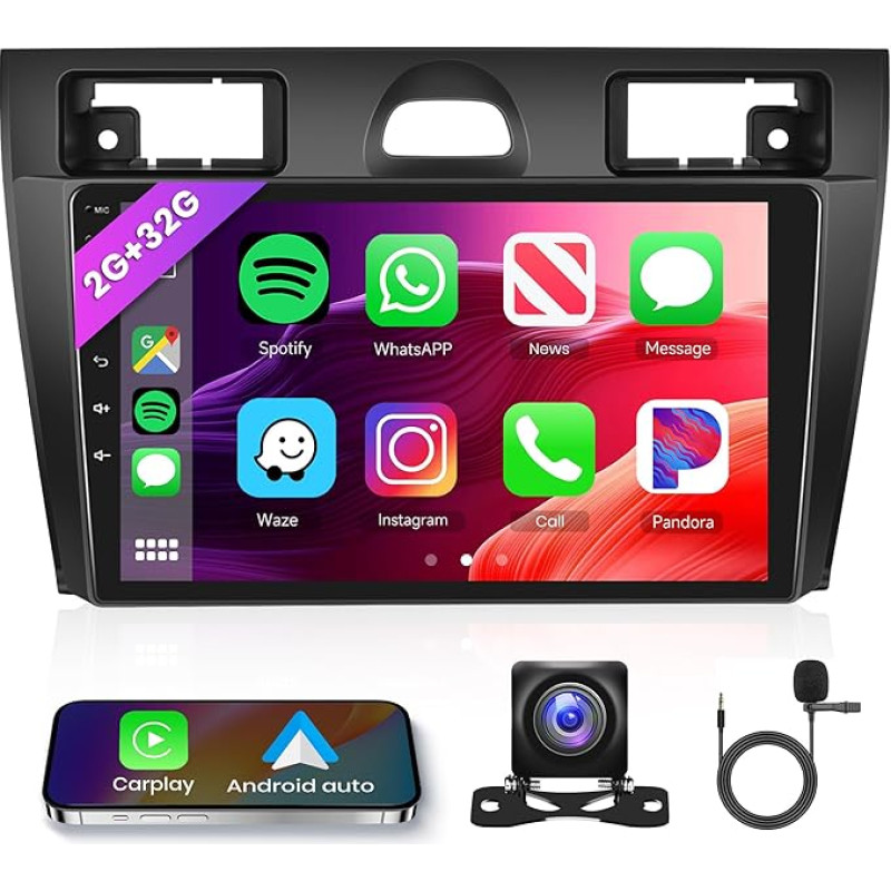 2G + 32G Android Car Radio 2 DIN for Ford Fiesta Mk VI 5 Mk5 2002-2008 with Wireless Apple Carplay Android Car GPS Navigation WiFi 9 Inch Car Radio with Bluetooth Mirror Link FM/RDS/OBD2/DAB+