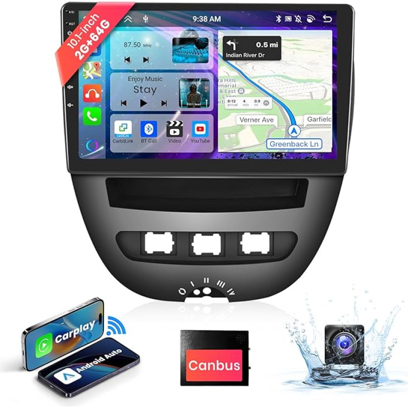 2+64G podofo 8-Core 10.1 Inch Car Radio Wireless Carplay for Toyota Aygo/Peugeot 107/Citroen C1 2004-2014 Android Car with Touchscreen FM/RDS Radio Dual USB with Navi/AHD Reversing Camera/Canbus