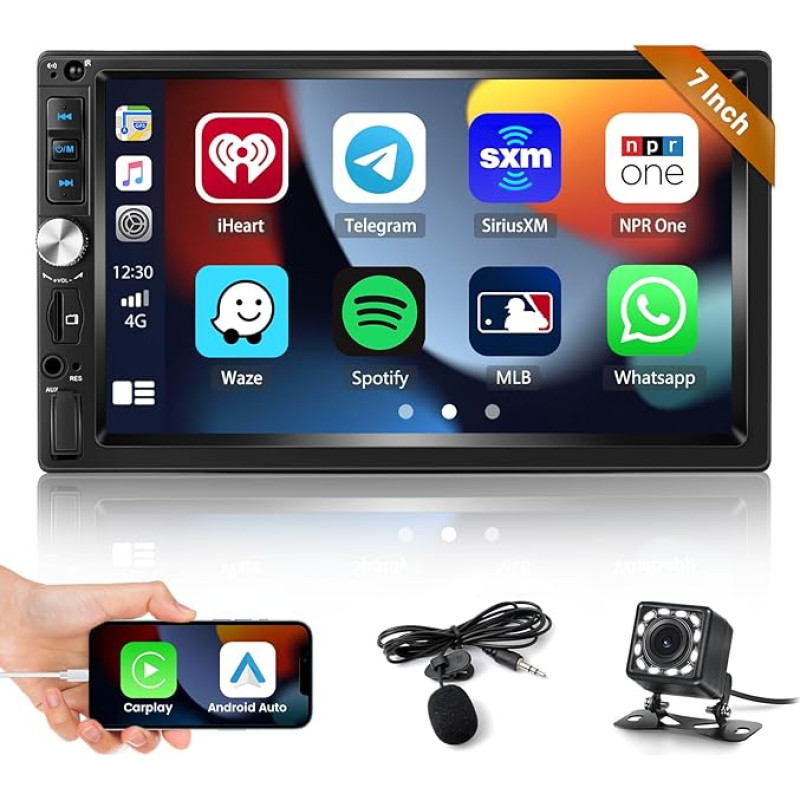 Inefala Radio Car 2 DIN Carplay with 7 Inch Touchscreen Car Radio Bluetooth with Android Car Play Mirror Link FM TF USB AUX SWC Microphone Reversing Camera Remote Control