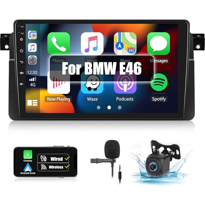 CAMECHO Android 13 Car Radio for BMW E46 Radio with Sat Nav Carplay Android Car, 9 Inch Car Radio Touch Display with FM RDS Steering Wheel Control Bluetooth and USB + Reversing Camera