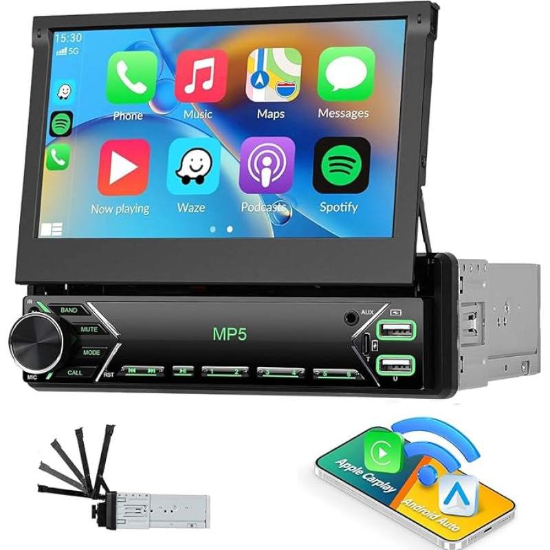 CAMECHO Upgrade Wireless 1 DIN Carplay Android Car, 7 Inch Motorised Screen Car Radio with Bluetooth Hands-Free Kit Mirror Link FM USB/TF/AUX-in
