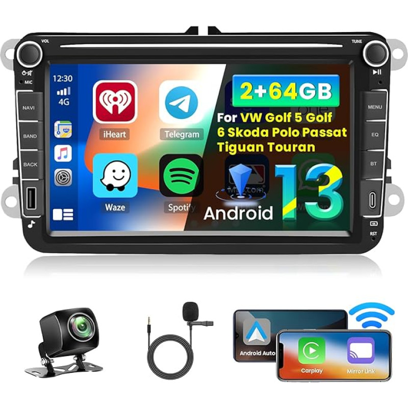 Inefala 8 Inch Android 13 Car Radio for VW Golf 5 Golf 6 Skoda Polo Passat Tiguan Touran 2 DIN Screen (2 + 64GB) with Wireless CarPlay Android Car FM RDS GPS Bluetooth WiFi Steering Wheel Control