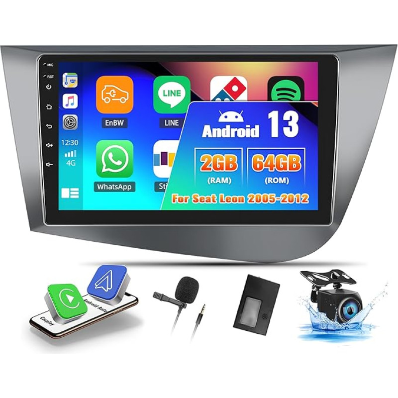 OiLiehu 2G + 64G Android 13 Car Radio 2DIN Carplay Android Car for Seat Leon MK2 2005-2012 Car Radio with Screen 9 Inch with Mirror Link/EQ/Bluetooth/Steering Wheel Control/FM RDS/WiFi/GPS/Rear View