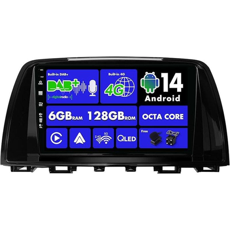 SXAUTO Android 13 [Built-in 4G & DAB] - 6G + 128G - Car Radio for Mazda ATENZA Mazda 6 (2012-2015) - Dual Band WiFi - CarPlay Android Car - Camera + Mic - Steering Wheel Control Blueotoh - QLED 9 Inch