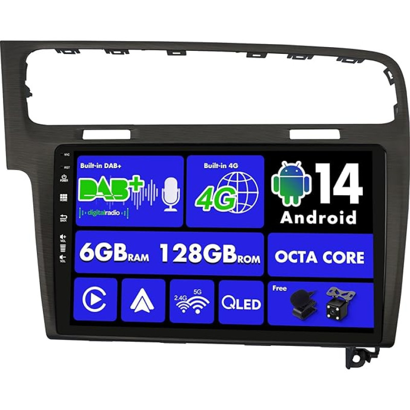 SXAUTO Android 13 [Built-in 4G & DAB] 6G + 128G - Car Radio for Golf 7 (2013-2018) - Dual Band WiFi - CarPlay Android Car - Camera + Mic - Steering Wheel Control Bluetooth DSP 360-CAM - QLED 10.1 Inch