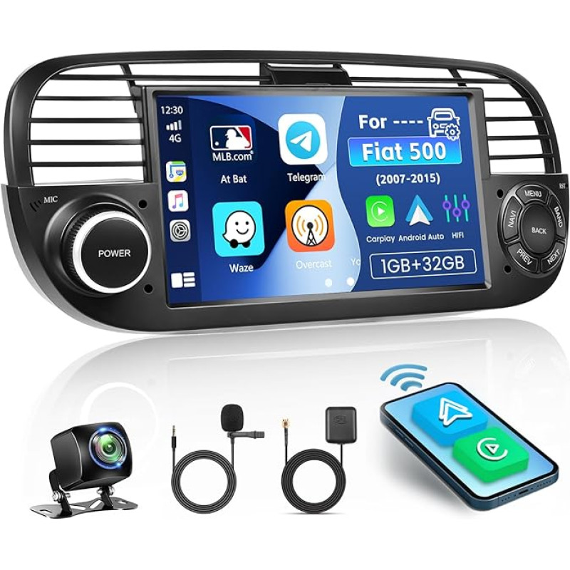 Inefala Android 13 Car Radio for Fiat 500 2007-2015, 7 Inch Car Radio with Screen, Wireless CarPlay, Android Car, FM/RDS, GPS, Bluetooth, WiFi, USB/MIC, AHD Reversing Camera 1 + 32 GB